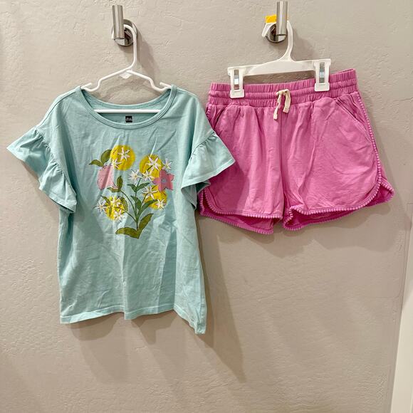 Tea Collection Lemon Floral Ruffle Shirt & Pink Pom Shorts Outfit - Picture 1 of 12